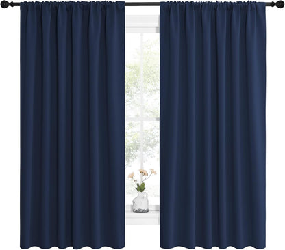 NICETOWN Blackout Curtains for Bedroom, Blackout Draperies, Home Decorations Thermal Insulated Solid Rod Pocket Blackout Drapes for Cafe (Navy, One Pair, 62 x 63-inch)