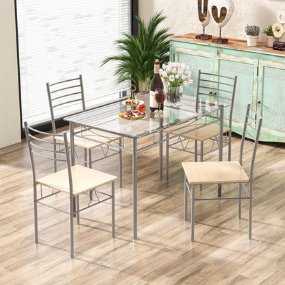 Costway 5 Piece Dining Set Table and 4 Chairs Glass Top Kitchen Breakfast Furniture Brown