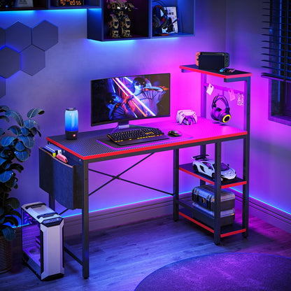 Bestier Computer Gaming PC Desk 44 inch Gamer Table with LED Lights, Reversible 4 Tier Storage Shelves Carbon Fiber