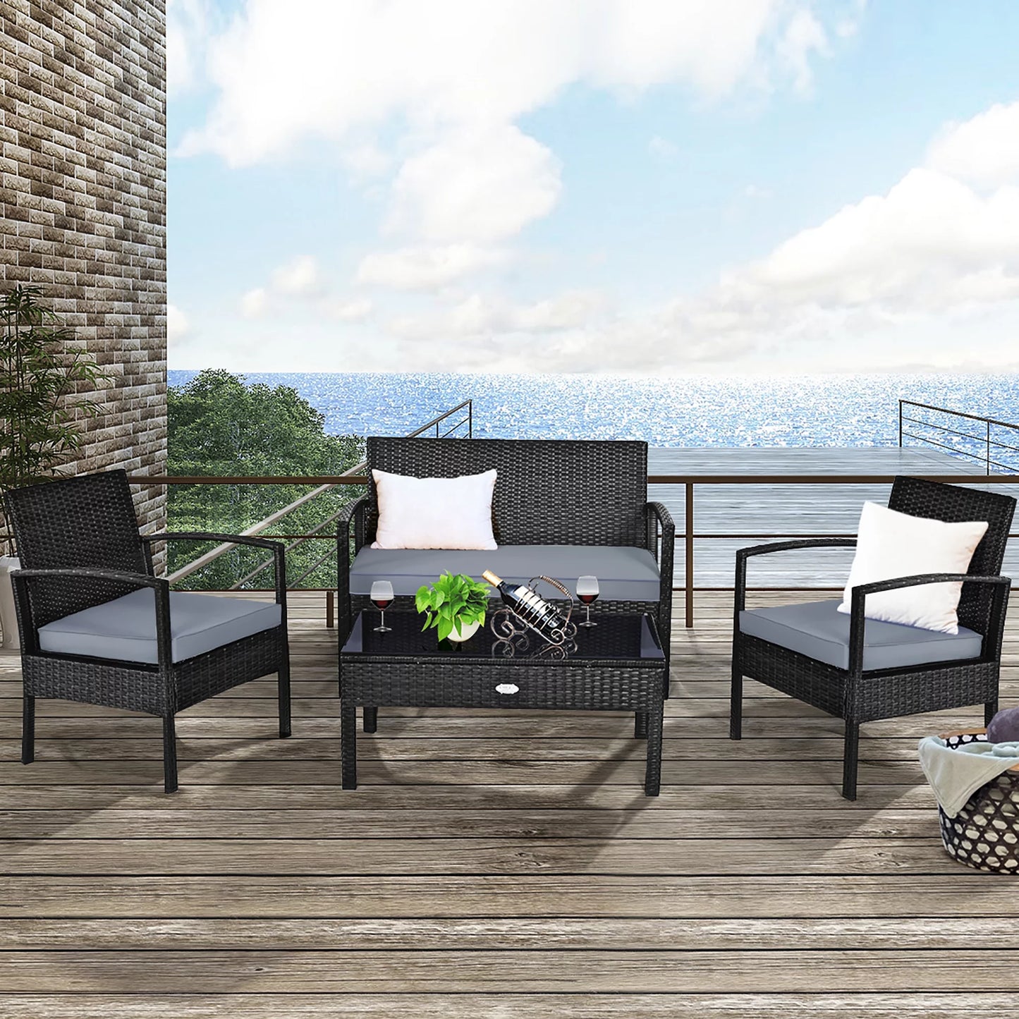 Costway 4PCS Outdoor Patio Rattan Furniture Set Cushioned Sofa Coffee Table Garden Deck