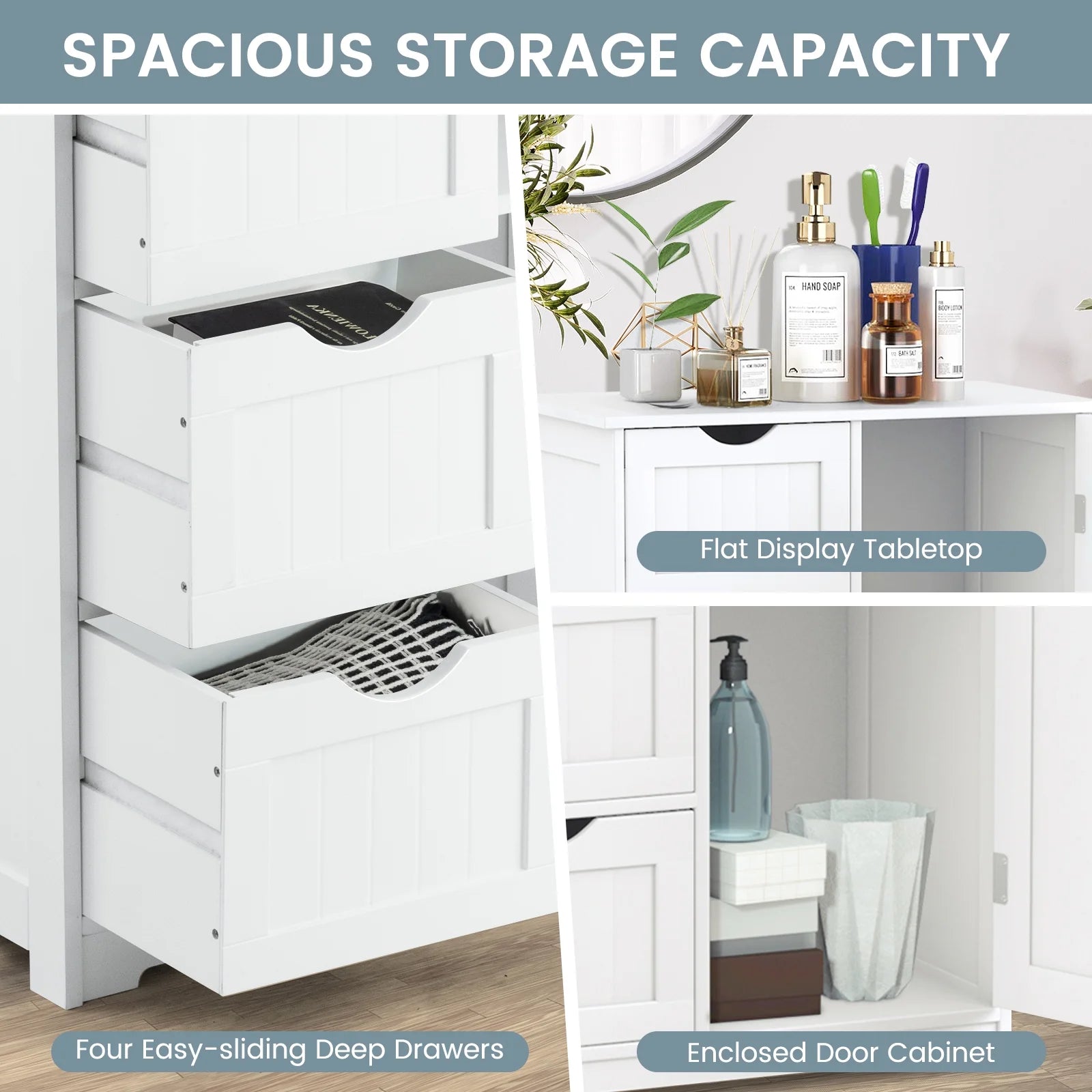 Costway Bathroom Storage Wooden 4 Drawer Cabinet Cupboard 2 Shelves Free Standing White