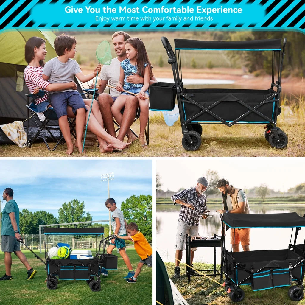 VECUKTY Collapsible Garden Wagon Cart with Removable Canopy Black