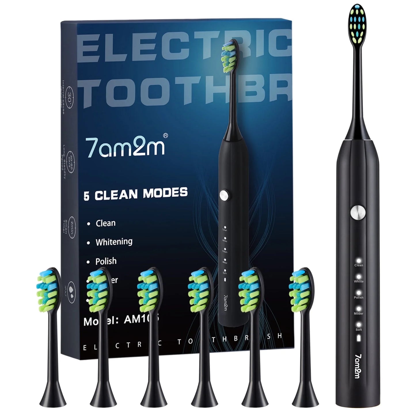 7AM2M Sonic Electric Toothbrush for Adults and Kids, One Charge for 90 Days, with 6 Brush Heads, 5 Modes with 2 Minutes Build in Smart Timer, Roman Column Handle Design,Black