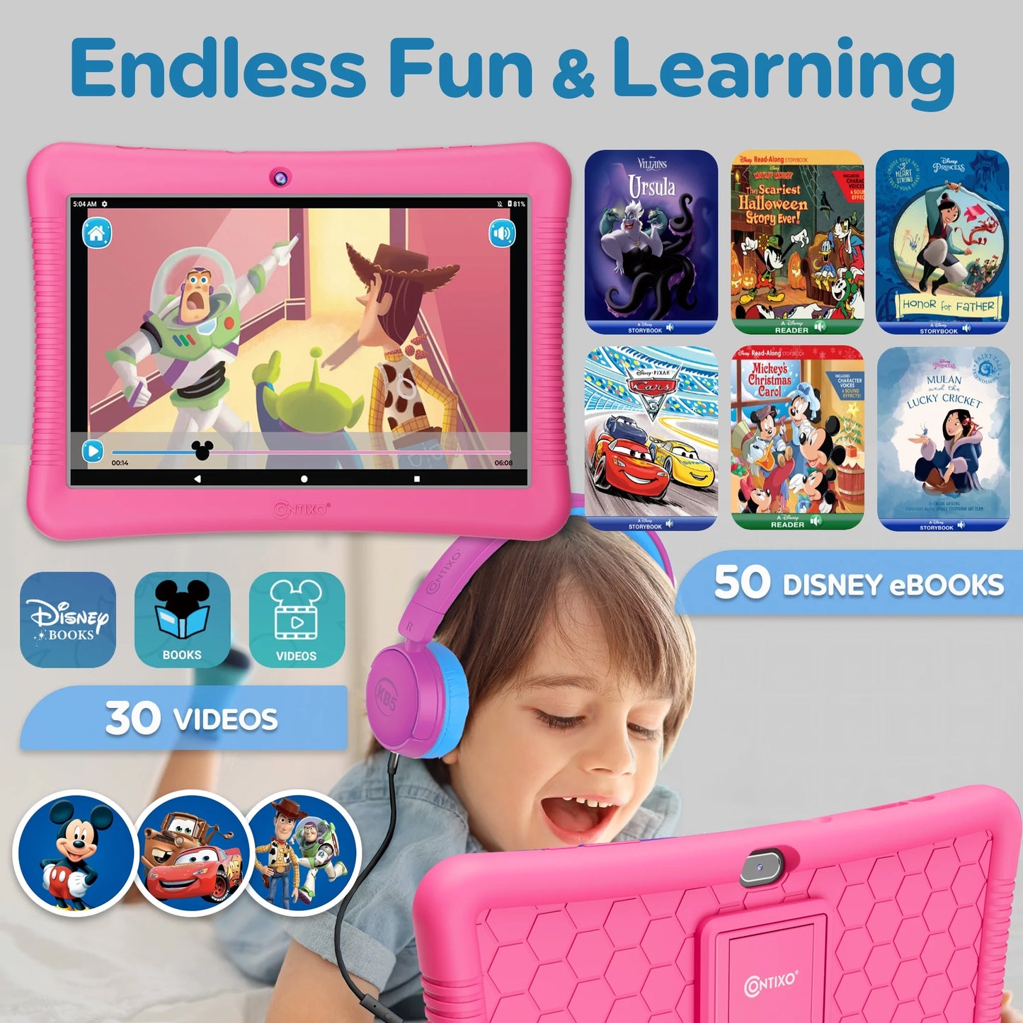 Contixo 10" Kids Tablet Bundle, 80 FREE Disney eBooks, Bluetooth Headphones, Case, Stylus, 32GB, Parental Controls, Tablet for kids 3-7 - Pink