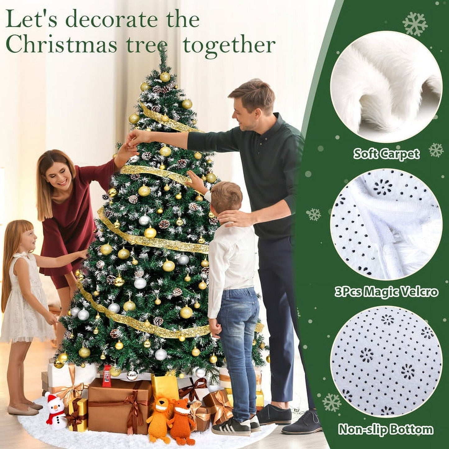 Yexmas 6ft Pre-Lit Realistic Artificial Christmas Trees,Green Christmas Trees with 1200 Flocked Frosted Tips & 80 Pine Cones,LED Lights Christmas Trees with 48 Inch Christmas Tree Skirt White