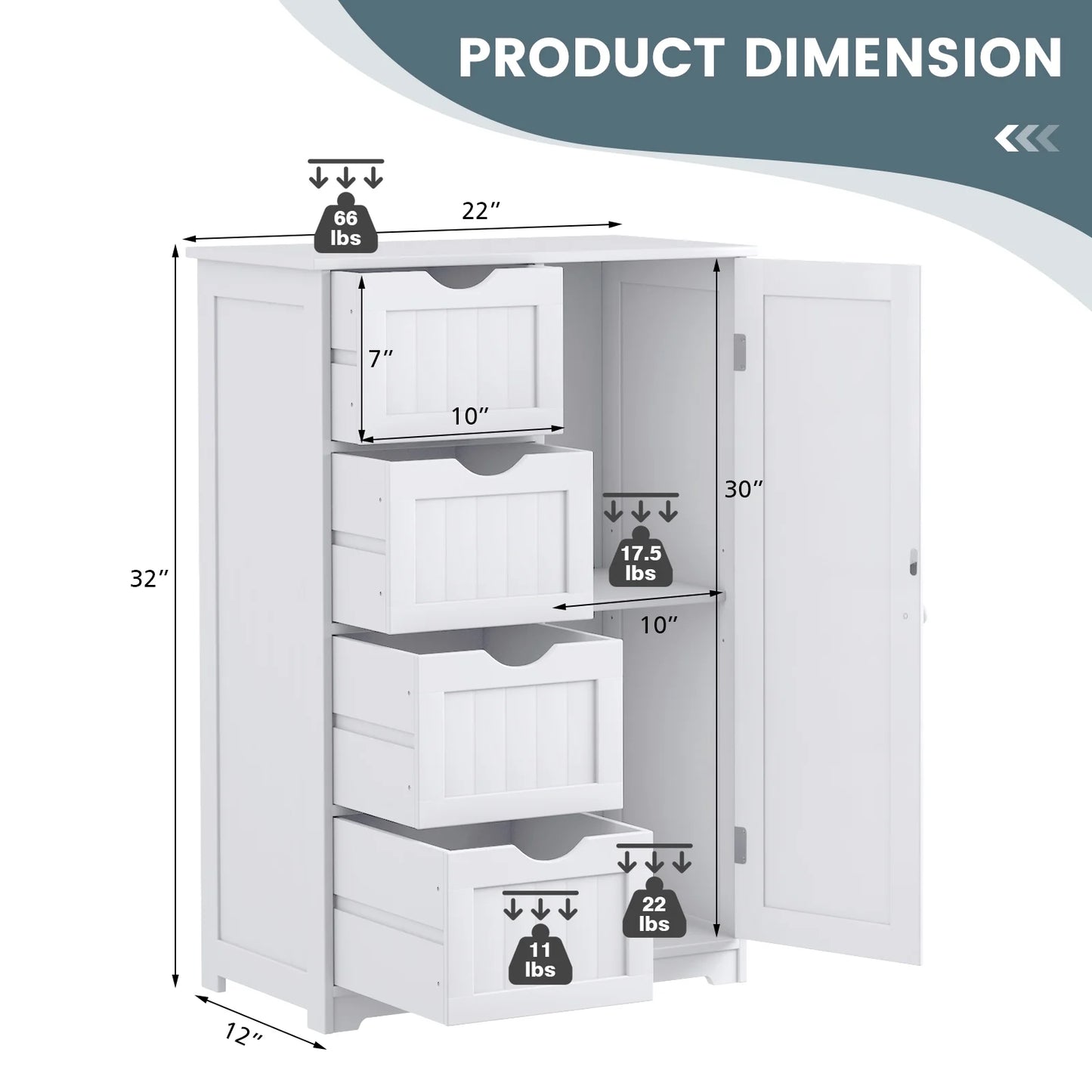 Costway Bathroom Storage Wooden 4 Drawer Cabinet Cupboard 2 Shelves Free Standing White