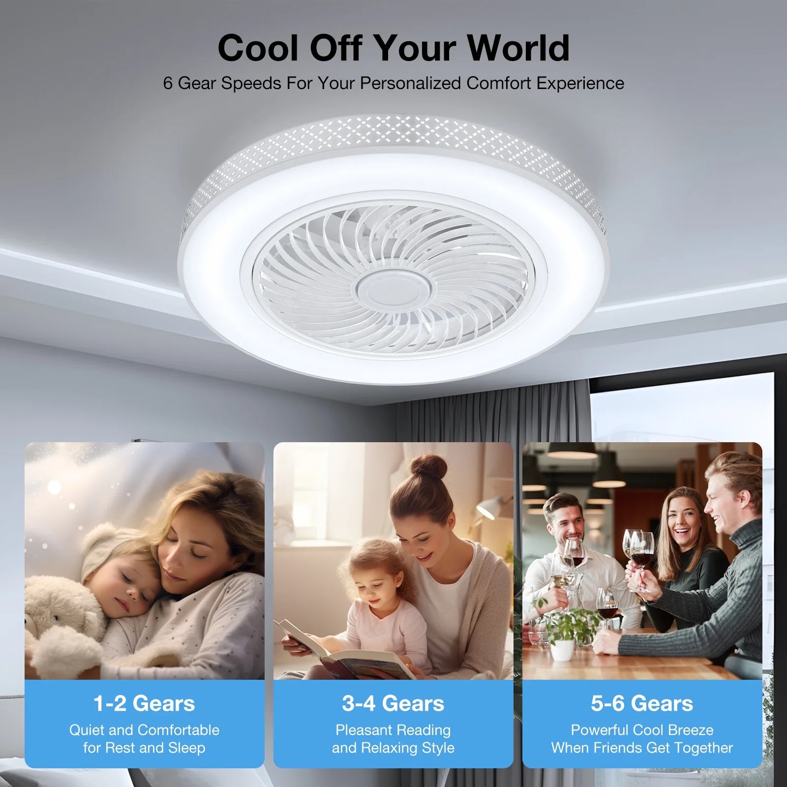 BLITZWILL 20 in Round Ceiling Fans with Lights, Dimmable Color Temperature and 6 Speeds, Remote & APP Control, Flush Mount Bladeless Reversible Motor, White