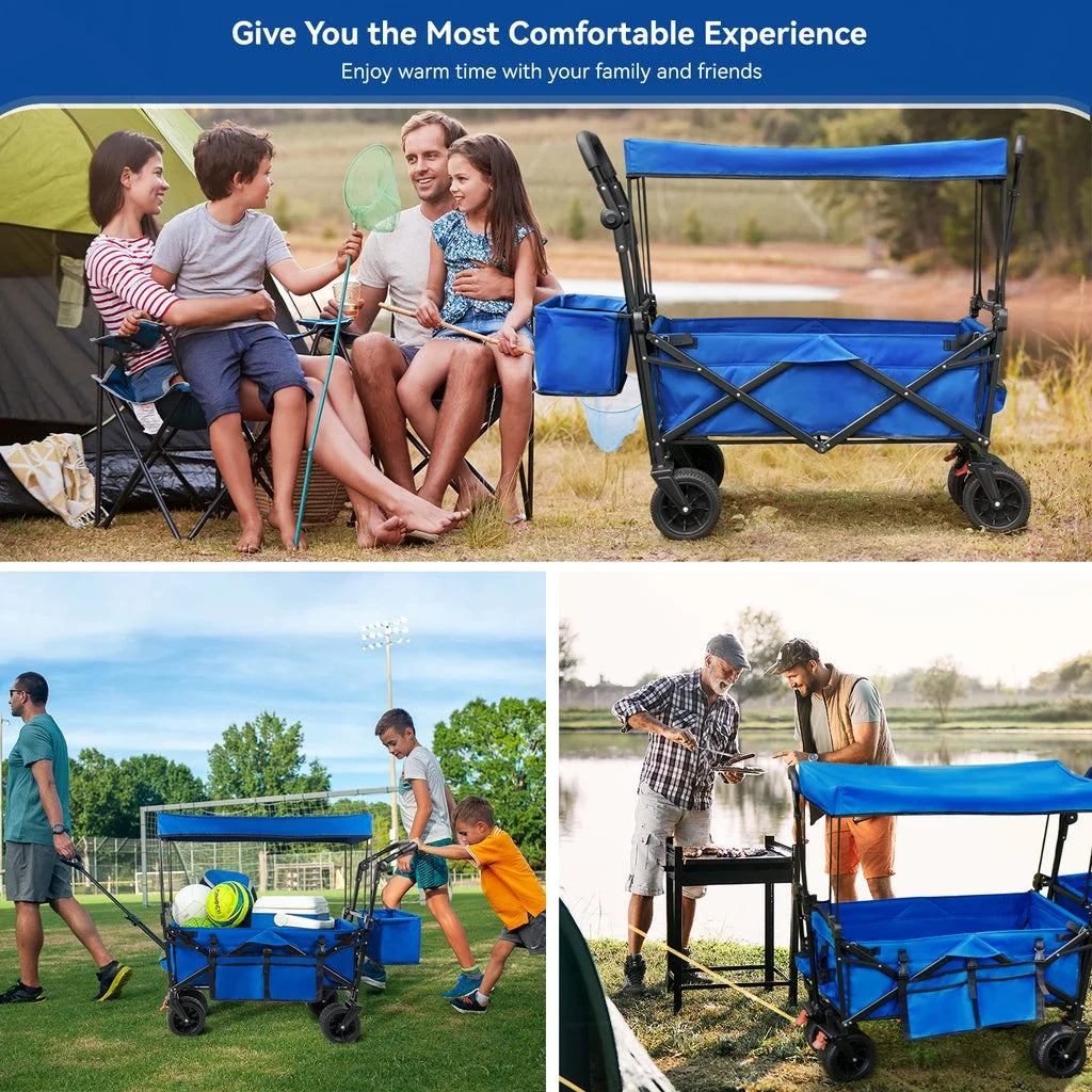 Collapsible Garden Wagon Cart with Removable Canopy, VECUKTY Foldable Wagon Utility Carts with Wheels and Rear Storage, for Garden Camping Grocery Shopping Cart,Blue