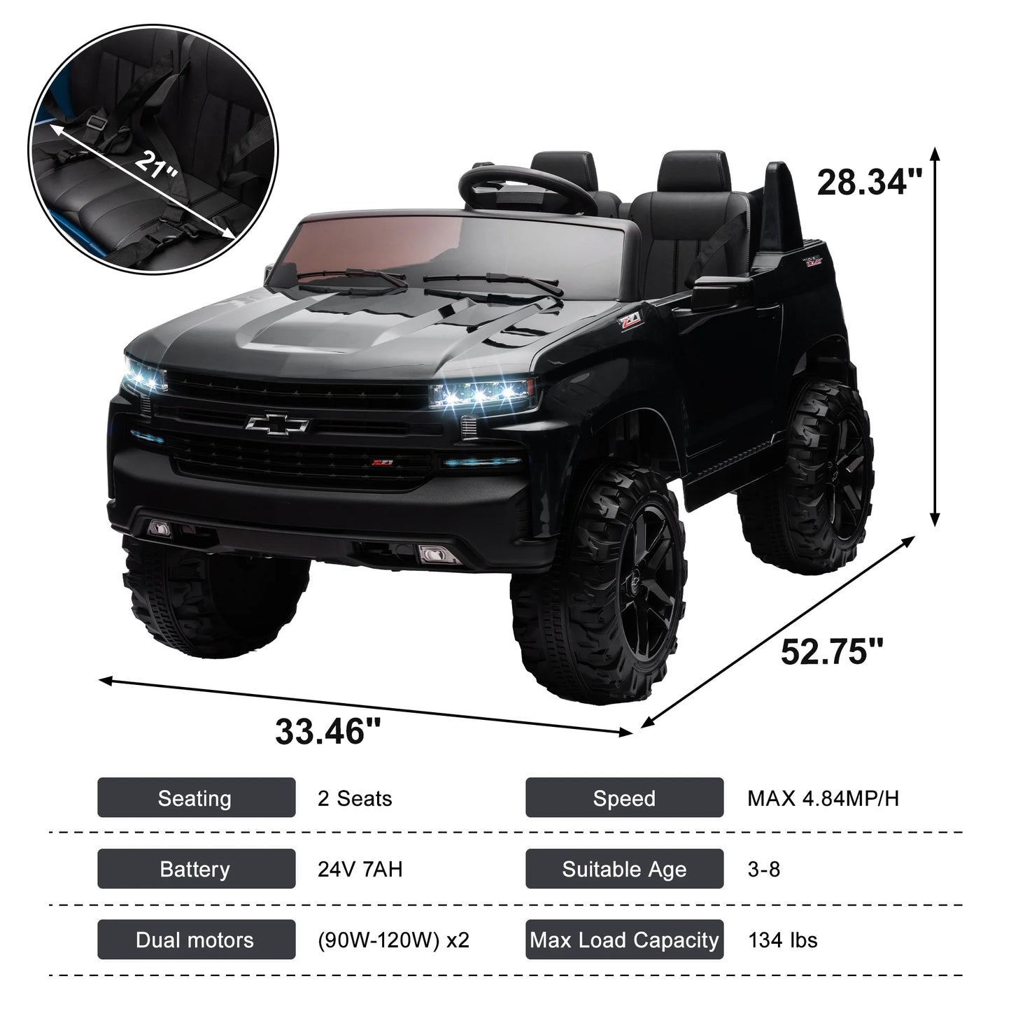 Chevrolet Silverado 24V Powered Ride on Cars for Kids, Extra large Real 2 Seat Ride on Toys with Remote Control, LED Light, MP3 Player, Electric Vehicles Ride on Truck for Boys Girls Gifts, Black