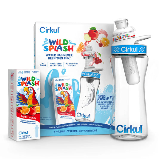 Cirkul 16oz Plastic Water Bottle Starter Kit with Blue Lid, 1 Flavor Cartridge (Wild Splash Parrot Punch)