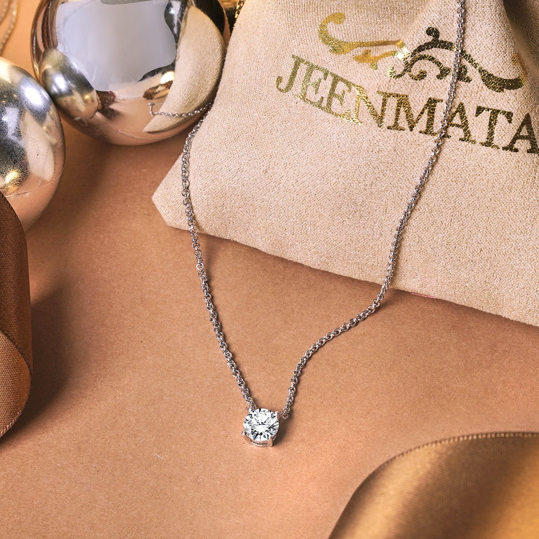 JeenMata Beautiful 1 Carat Round Cut - Moissanite - April Birthstone Solitaire Pendant Necklace in 18K White Gold over Silver, Female, Adult