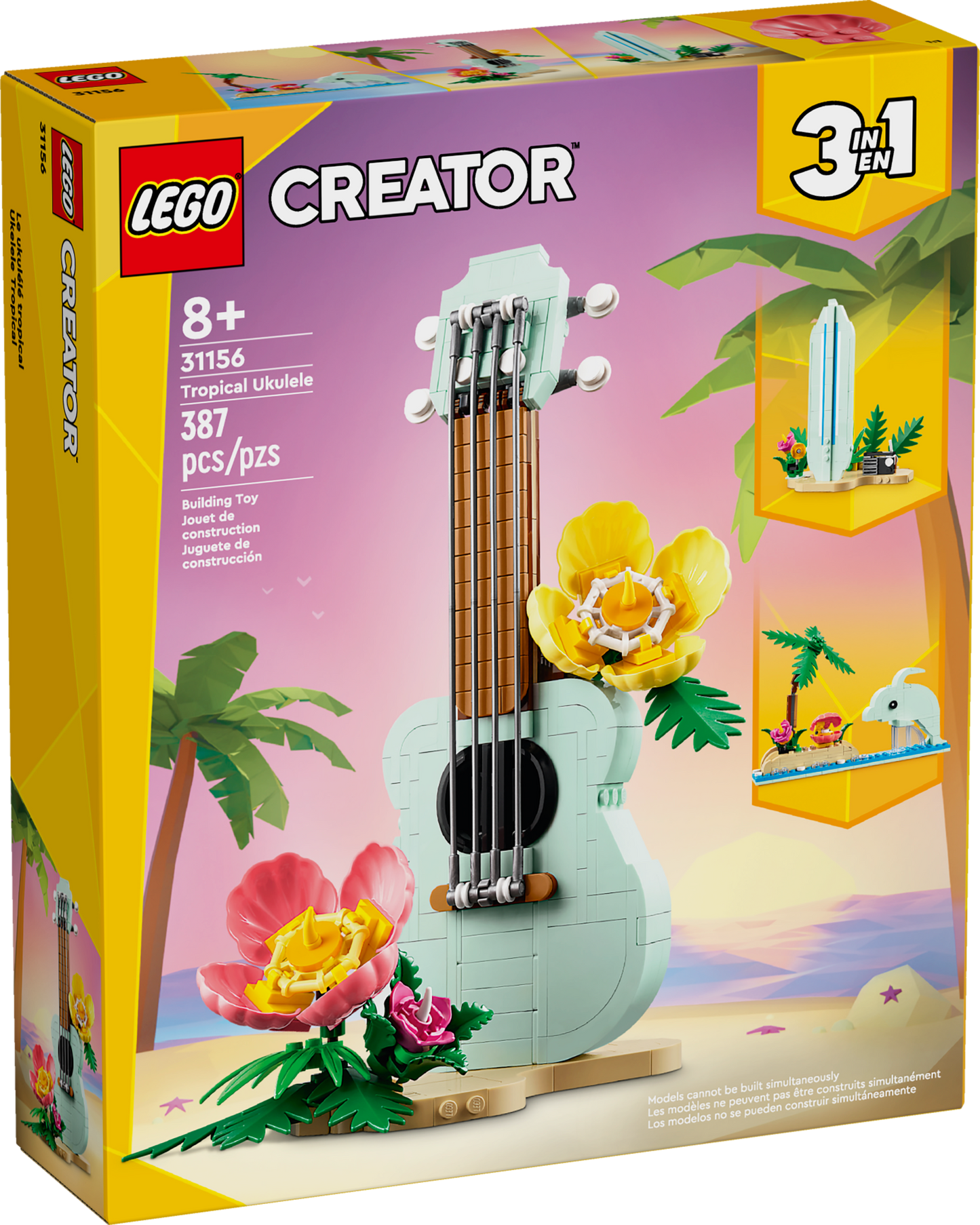 LEGO Creator 3 in 1 Tropical Ukulele Instrument Toy, Transforms from Ukulele to Surfboard Toy to Dolphin Toy, Sea Animal Toy, Beach-Themed Birthday Gift Idea for Girls and Boys Ages 8 and Up, 31156