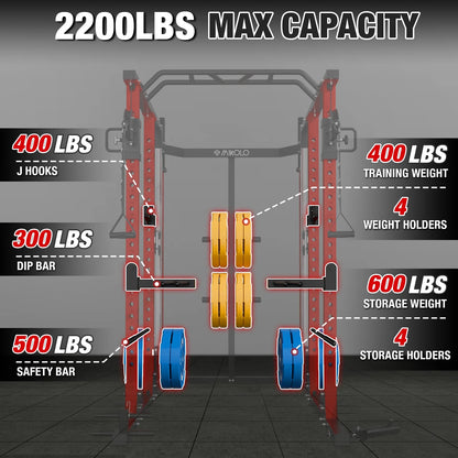 Mikolo Power Rack Cage PC07, 2200 lbs Weight Rack with Cable Crossover Machine,Multi-Function Squat Rack with J Hooks,Dip Bars and Landmine for Home Gym (Red), Plate Loaded