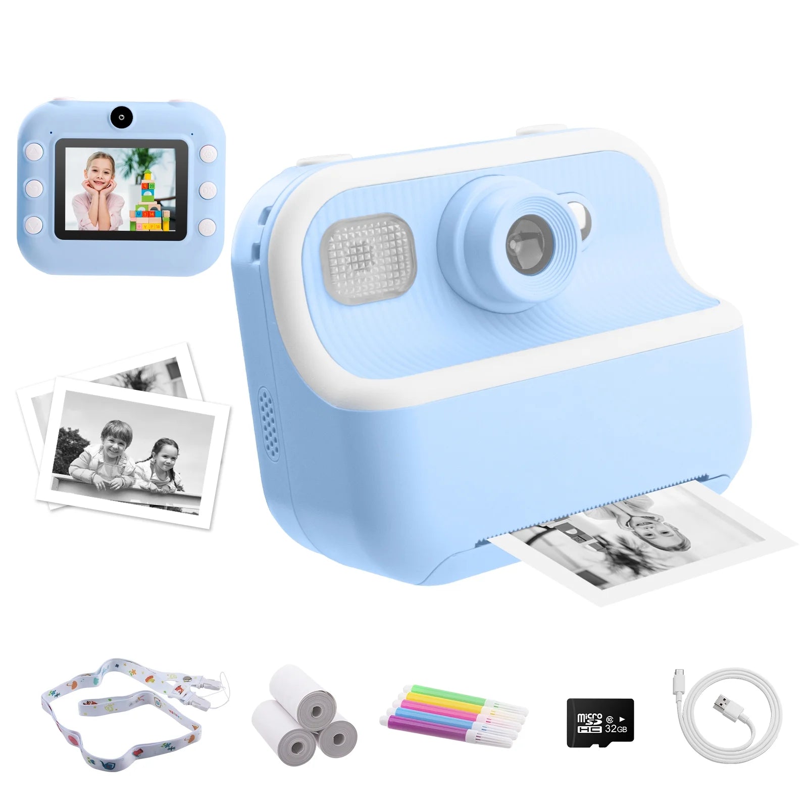 DOMQGA Kids Camera Instant Print,1080P Rechargeable Portable Kids Digital Cameras Christmas Birthday Gifts with 32G SD Card,Blue