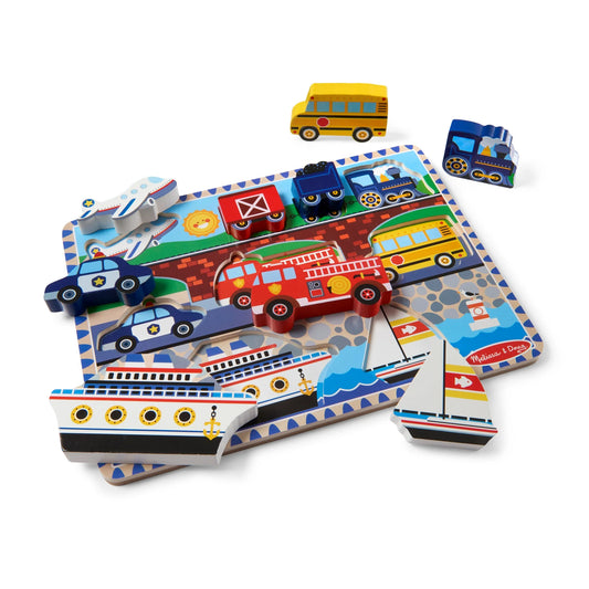 Melissa & Doug Vehicles Wooden Chunky Puzzle - Plane, Train, Cars, and Boats (9 pcs) - FSC Certified