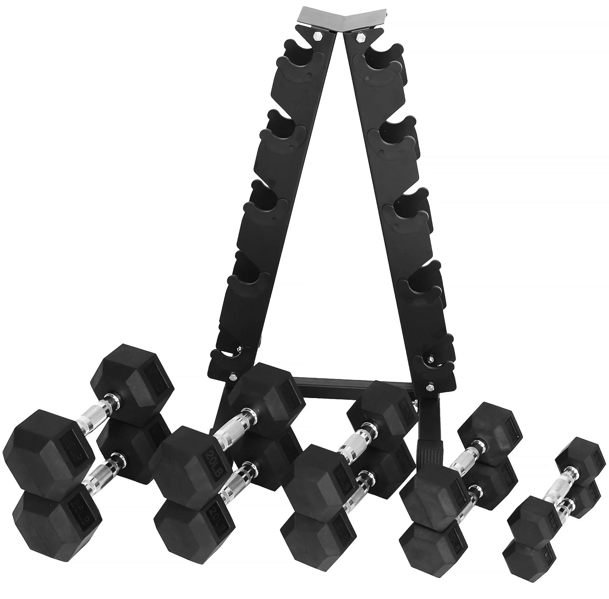 BalanceFrom 150LB Rubber Coated Hex Dumbbell Weight Set with A-Frame Rack, 5-25 lbs Pairs