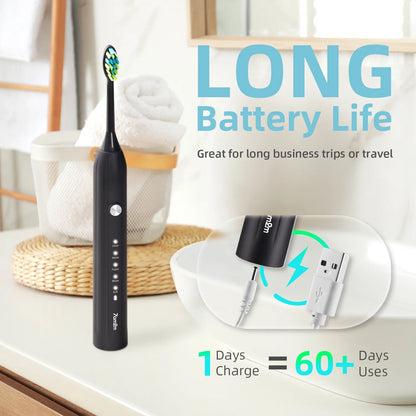 7AM2M Sonic Electric Toothbrush for Adults and Kids, One Charge for 90 Days, with 6 Brush Heads, 5 Modes with 2 Minutes Build in Smart Timer, Roman Column Handle Design,Black