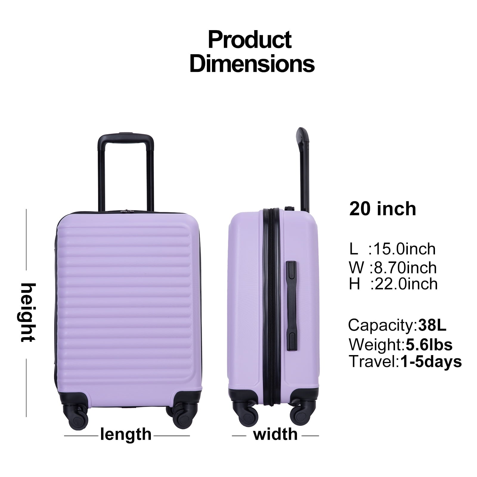 Travelhouse Hardshell Carry on Luggage 20" Lightweight Hardside Suitcase with Spinner Wheels.(Light Purple)