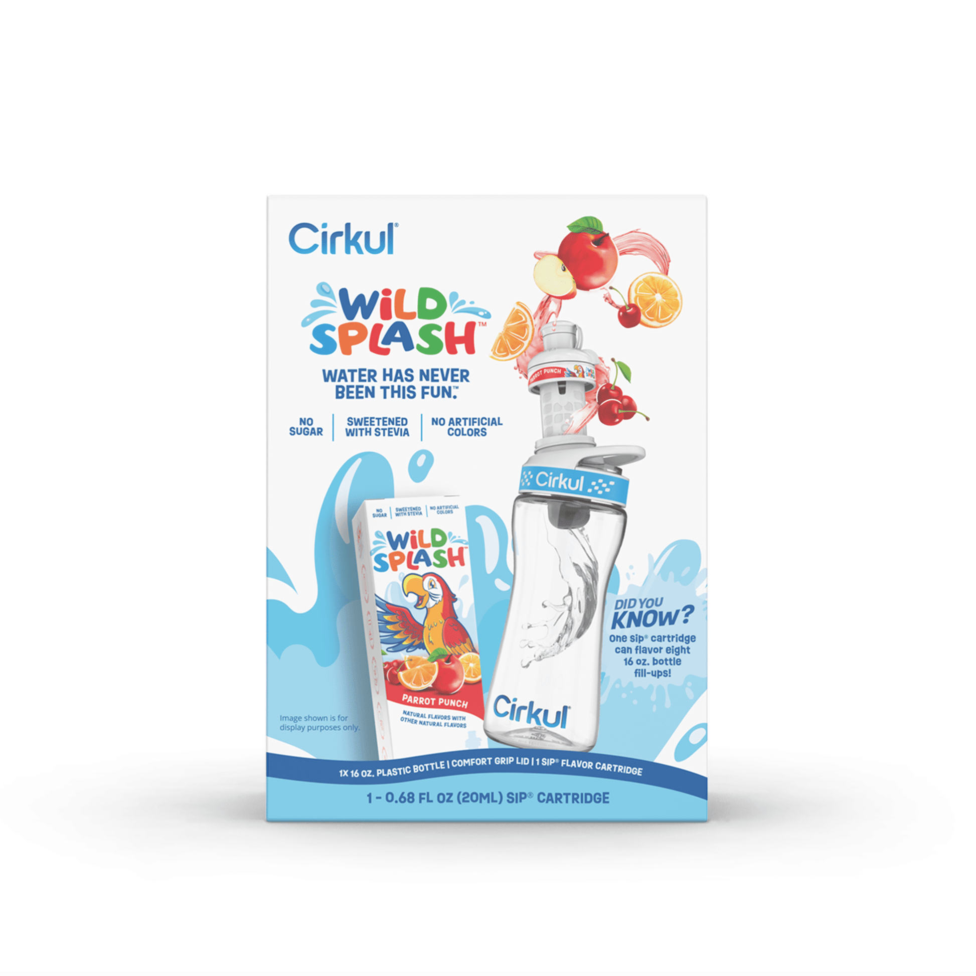 Cirkul 16oz Plastic Water Bottle Starter Kit with Blue Lid, 1 Flavor Cartridge (Wild Splash Parrot Punch)