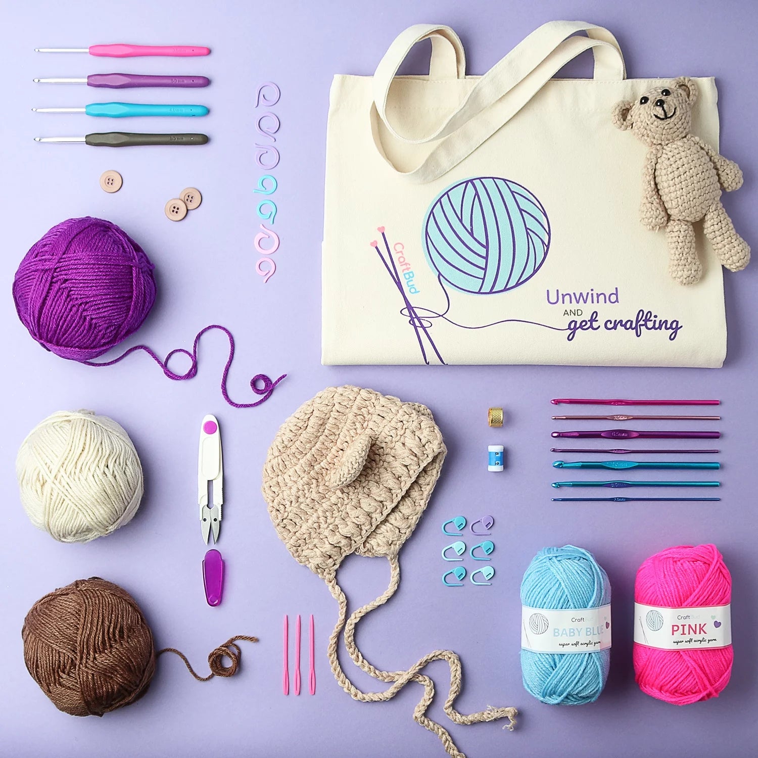 Craftbud 73 Piece Beginners Crochet Kit with Crochet Hooks Yarn Set, Premium Bundle Includes Yarn Balls, Needles, Accessories Kit, Canvas Tote Bag for Travel