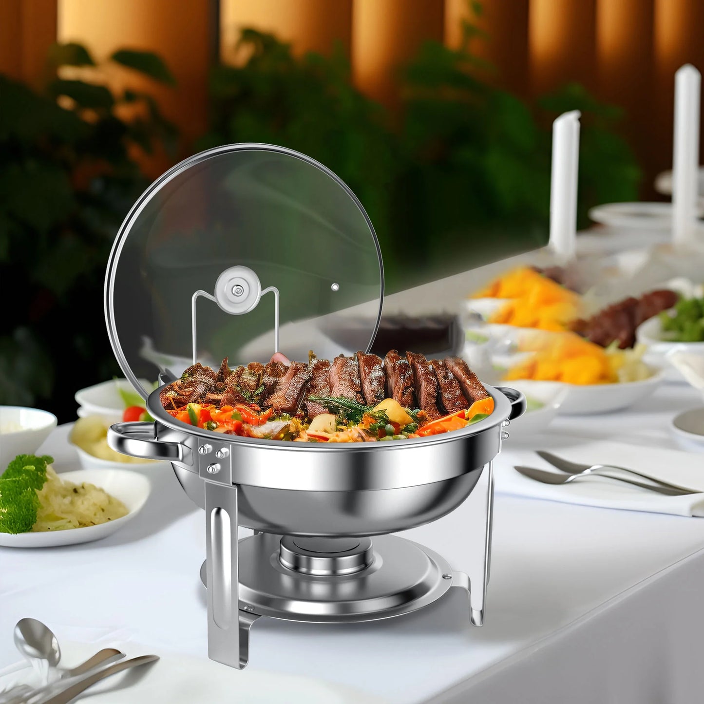 Chafing Dish Buffet Set 4 Pack, TINANA 5QT Stainless Steel Chafing Dishes for Buffet with Glass Lid & Lid Holder, Round Chafers and Buffet Warmers Sets for Parties, Events, Wedding, Camping, Dinner