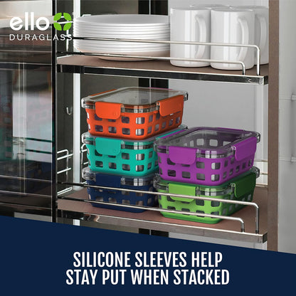 Ello Duraglass 3.4 Cup Meal Prep Sets 10Pc, 5 Pack Set- Glass Food Storage Container with Silicone Sleeve and Airtight BPA-Free Plastic Lids, Dishwasher, Microwave, and Freezer Safe, Fruit Salad