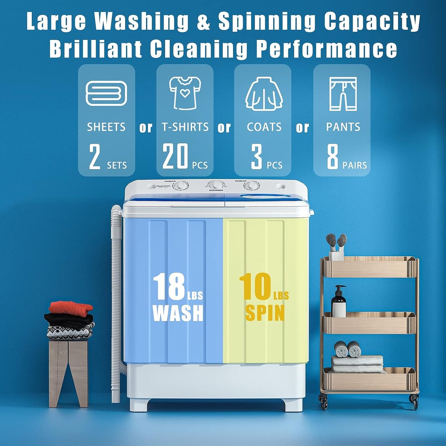 Portable Washing Machine, 28lbs Twin Tub Washer Mini Compact Laundry Machine with Drain Pump, Semi-automatic 18lbs Washer 10lbs Spinner Combo for Dorms, Apartments, RVs