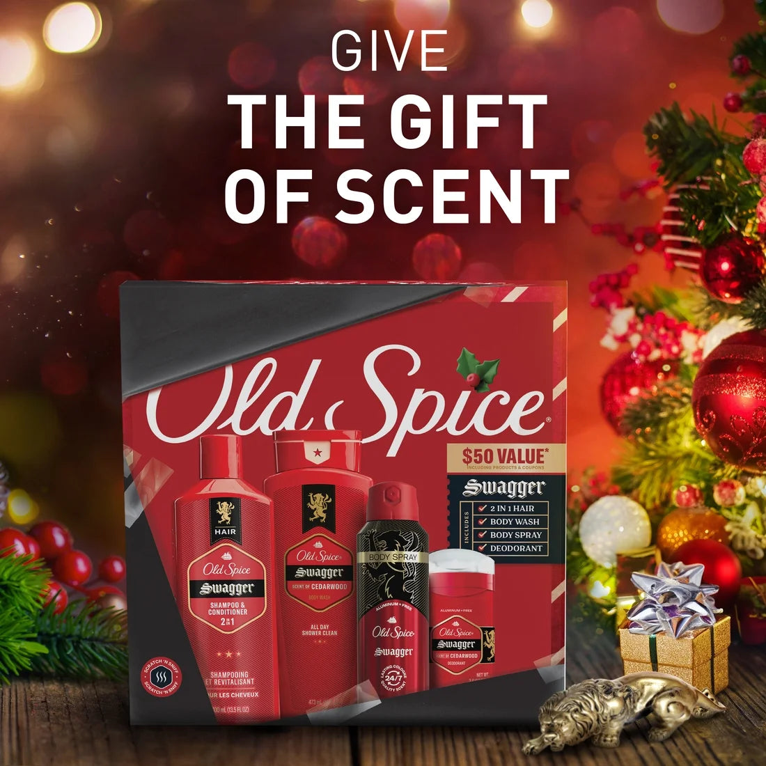 Old Spice Holiday Gift Pack for Men, Swagger Scent, Body Wash, Aluminum Free Deodorant, Body Spray, and 2 in 1 Shampoo, 24/7 Holiday Freshness, 4-Pack