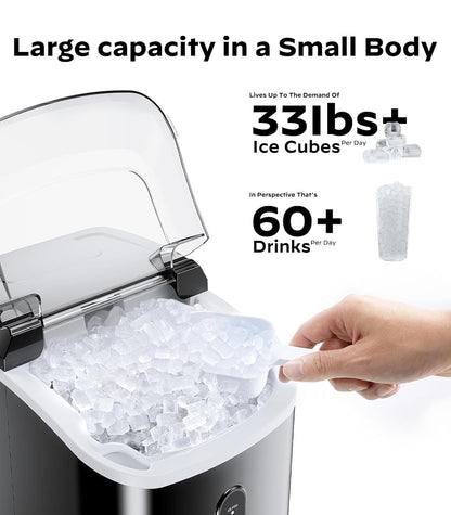 Nugget Ice Maker Countertop, Silonn Chewable Pellet Ice Machine with Self-Cleanin Function, 33lbs/24H Portable Ice Makers for Home Kitchen Officce, Black