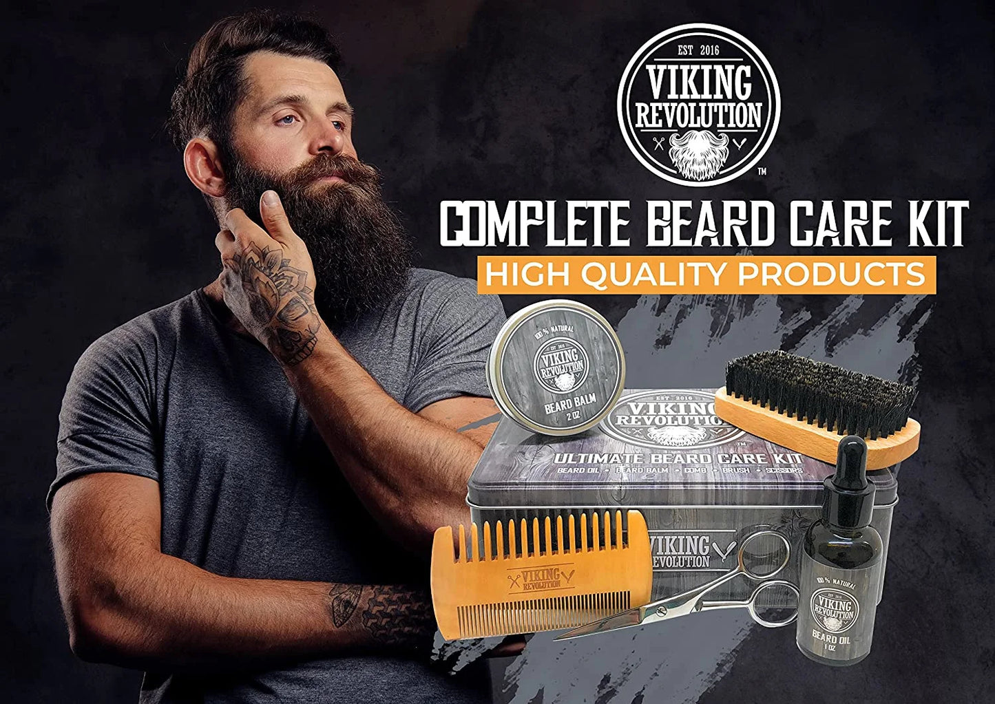 Viking Revolution Beard Care Kit for Men - Beard Brush, Wooden Comb, Beard Balm, Beard Oil, Beard & Mustache Scissors