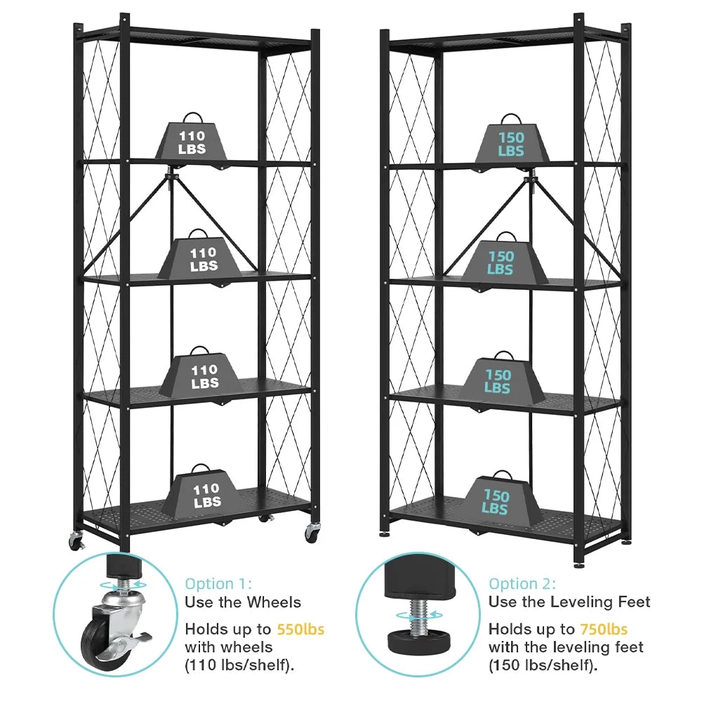 COOKCOK 5-Tier Storage Shelving Unit, Metal Shelf 27.9"x13.4"x62.5, Foldable Storage Shelf with Wheels, Garage Shelf, Metal Storage Rack, Kitchen Shelf with 4 Hooks, No Assemble Require