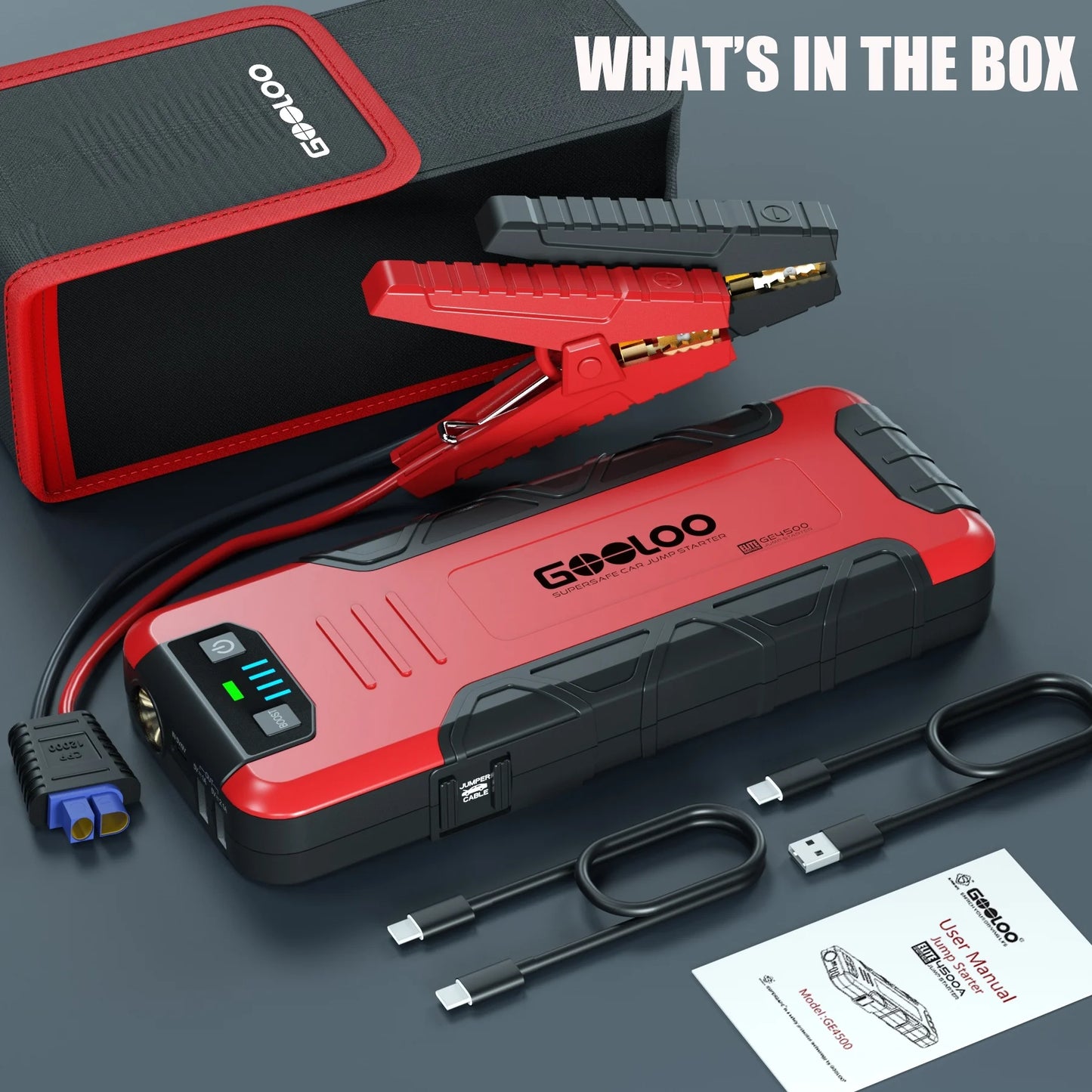 GOOLOO Car Battery Jump Starter,4500A Peak Jump Starter with USB Quick Charge (for 10L Gas or Up to 8L Diesel),GE4500 12V Jumper Pack with LED Light Powerful