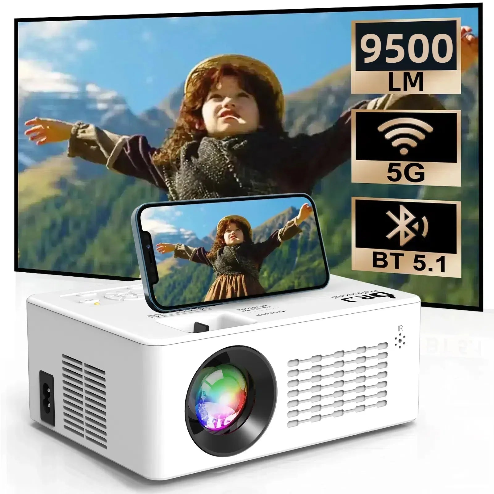 5G WiFi Projector with Bluetooth 5.2, 9500L  HD Movie Projector, 1080P 250'' Display Supported