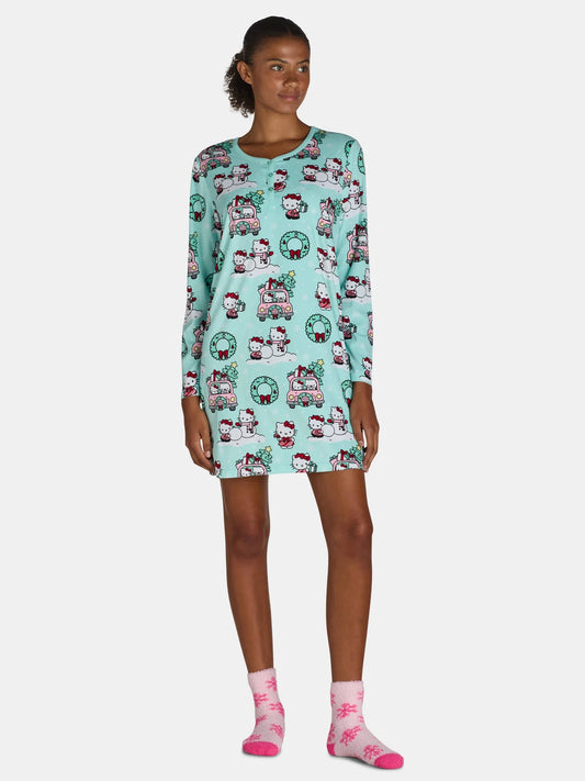 Hello Kitty Women's Holiday Print Velvet Sleepshirt and Socks Set, 2-Piece, Sizes XS-3X