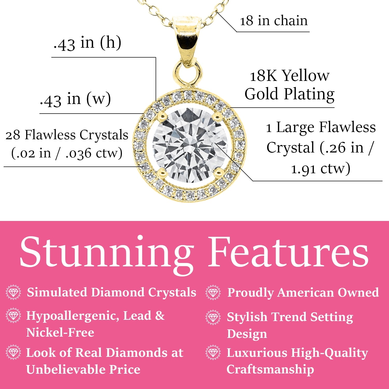 Cate & Chloe Blake 18k Yellow Gold Plated Halo Pendant Necklace with Simulated Crystals for Women