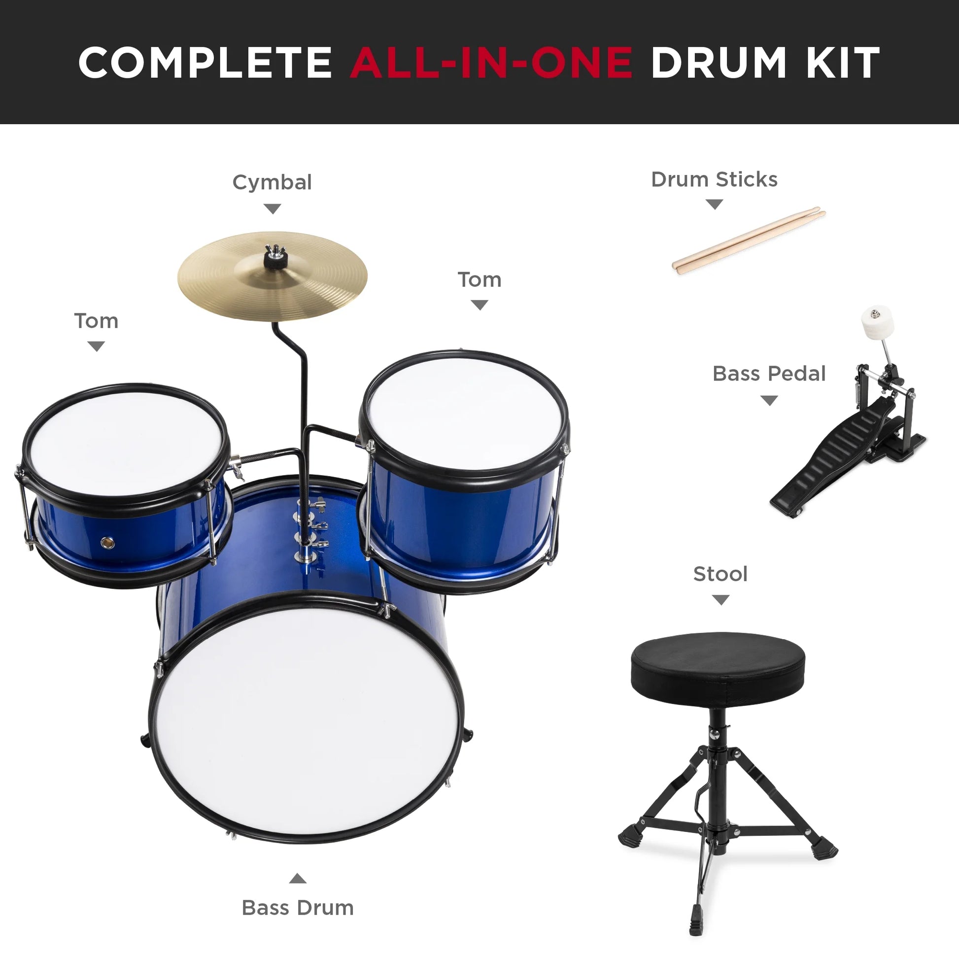 Best Choice Products Kids Beginner 3-Piece Drum, Musical Instrument Set w/ Sticks, Cushioned Stool, Drum Pedal - Blue