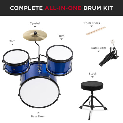 Best Choice Products Kids Beginner 3-Piece Drum, Musical Instrument Set w/ Sticks, Cushioned Stool, Drum Pedal - Blue