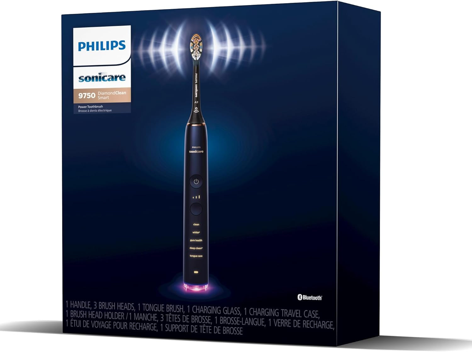 Philips Sonicare DiamondClean Smart 9750 Electric Toothbrush, Sonic Toothbrush with App, Pressure Sensor, Brush Head Detection, 5 Brushing Modes and 3 Intensity Levels, Lunar Blue, Model HX9954/74