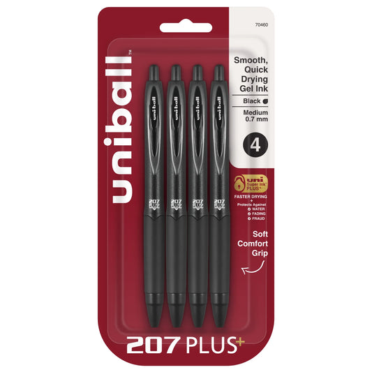 Uniball 207 Plus+ Retractable Gel Pens, Medium Point (0.7mm), Black Ink, 4 Count