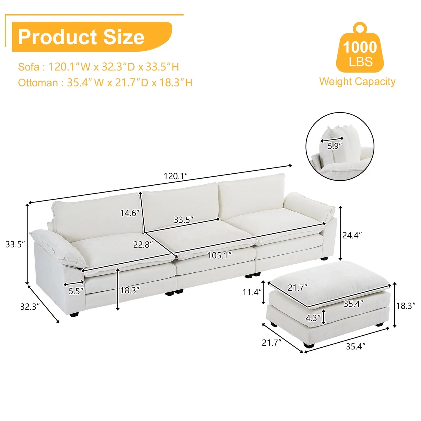 Ktaxon Sectional Sofa L Shaped Couch with Chaise Living Room Sleeper Set, 3 Seats with Chenille and Double Layer Cushions 120" W Beige