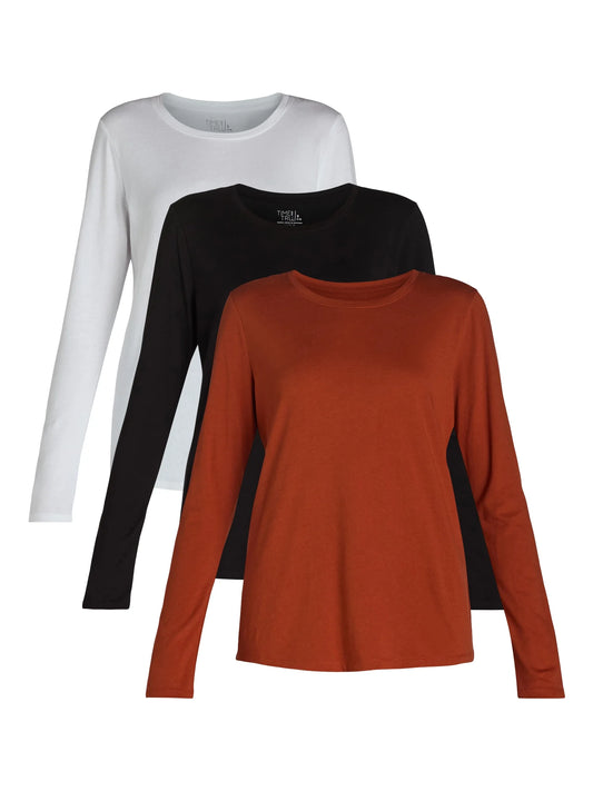 Time and Tru Women's Cotton Crewneck Tee with Long Sleeves, Single and 3 Pack, Sizes XS-XXXL