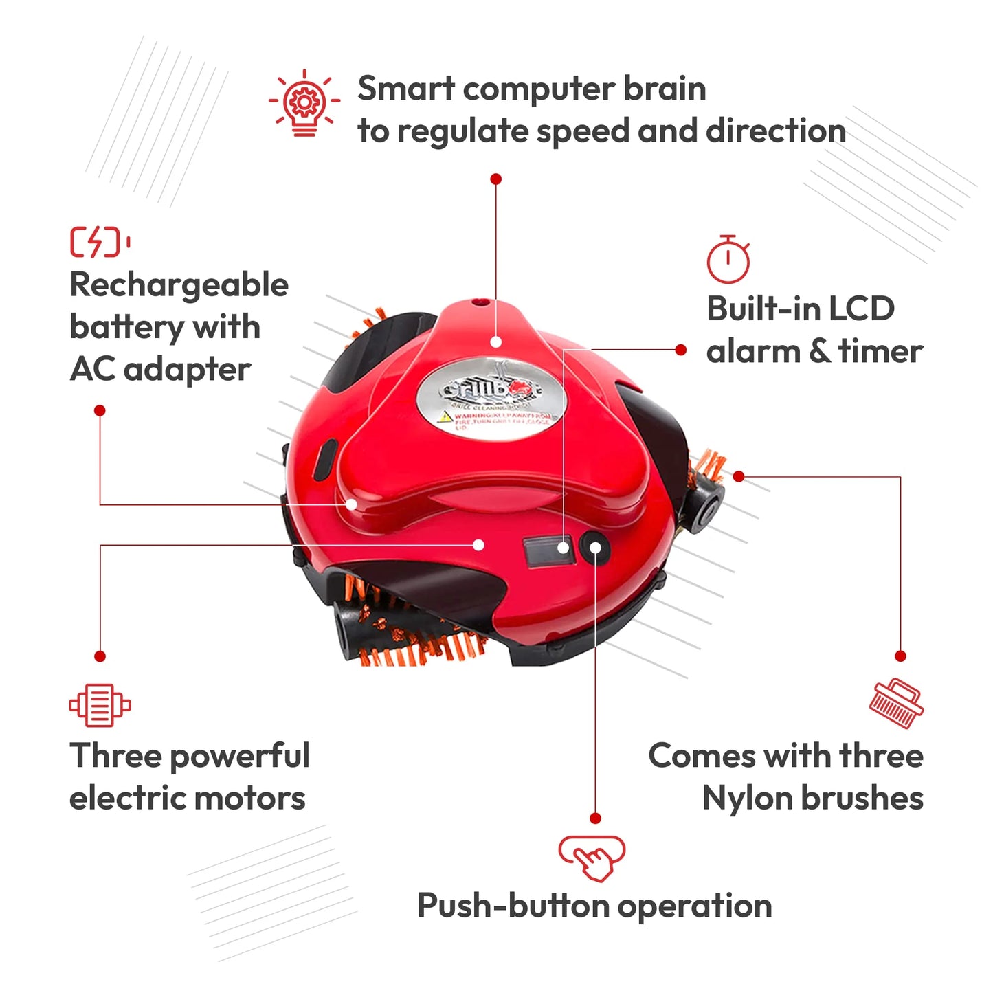 Grillbot Automatic BBQ Grill Cleaning Robot with 3 Powerful Nylon Grill Brushes & Carry Case (Red)