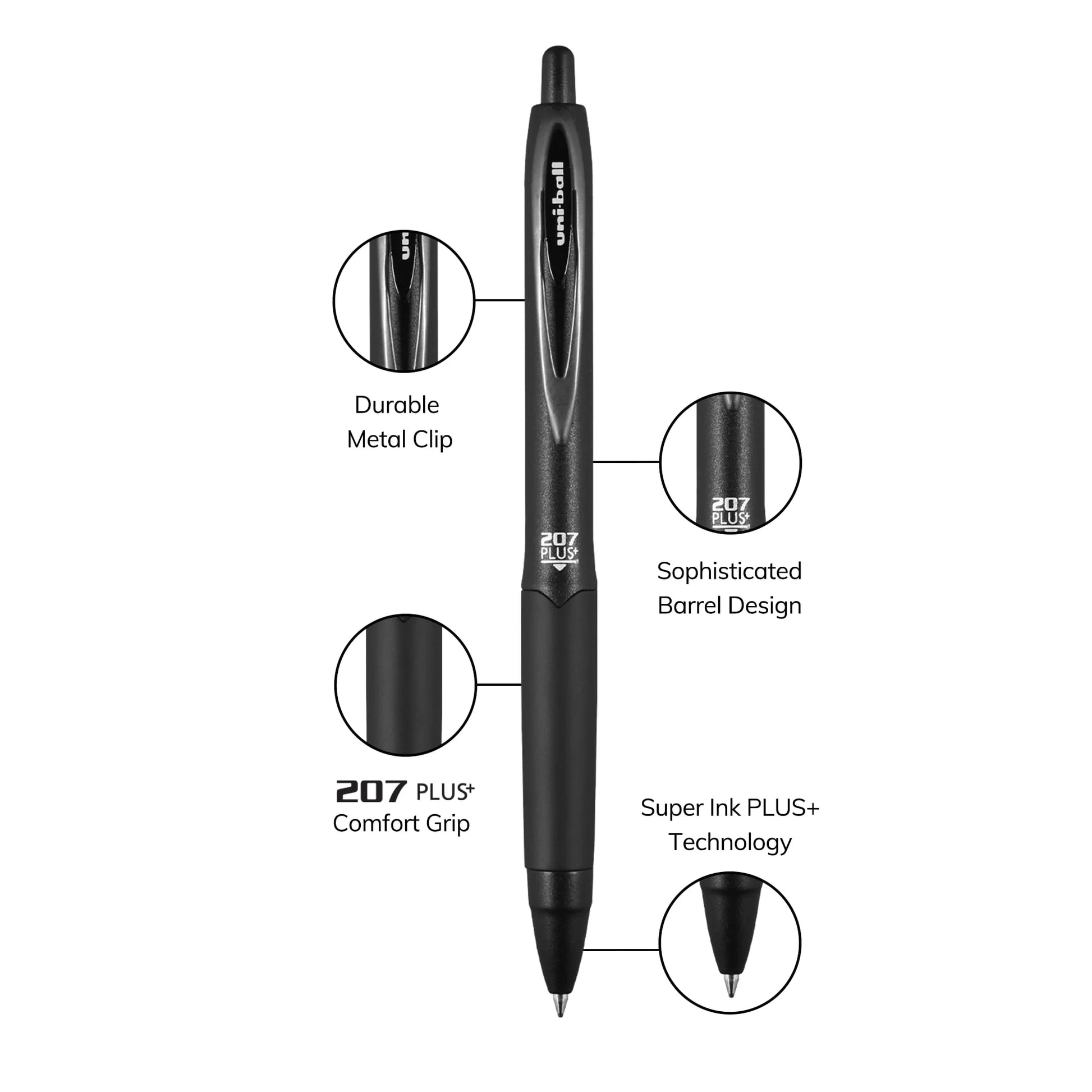 Uniball 207 Plus+ Retractable Gel Pens, Medium Point (0.7mm), Black Ink, 4 Count