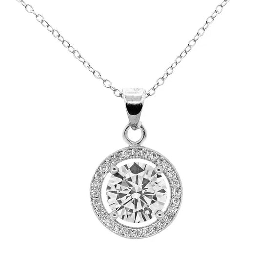 Cate & Chloe Blake 18k White Gold Plated Halo Pendant Necklace with Simulated Crystals for Women