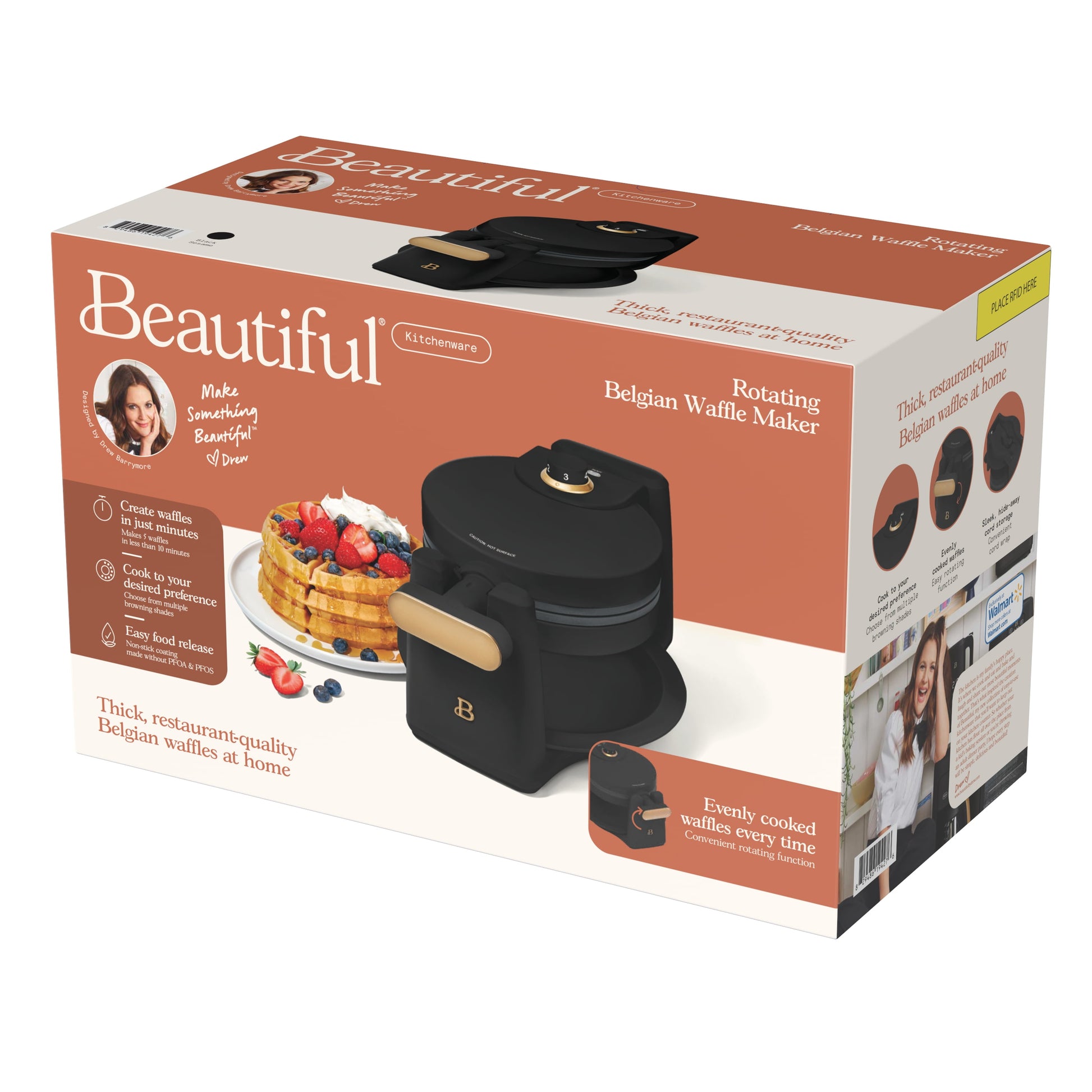 Beautiful Rotating Belgian Waffle Maker, Black Sesame by Drew Barrymore