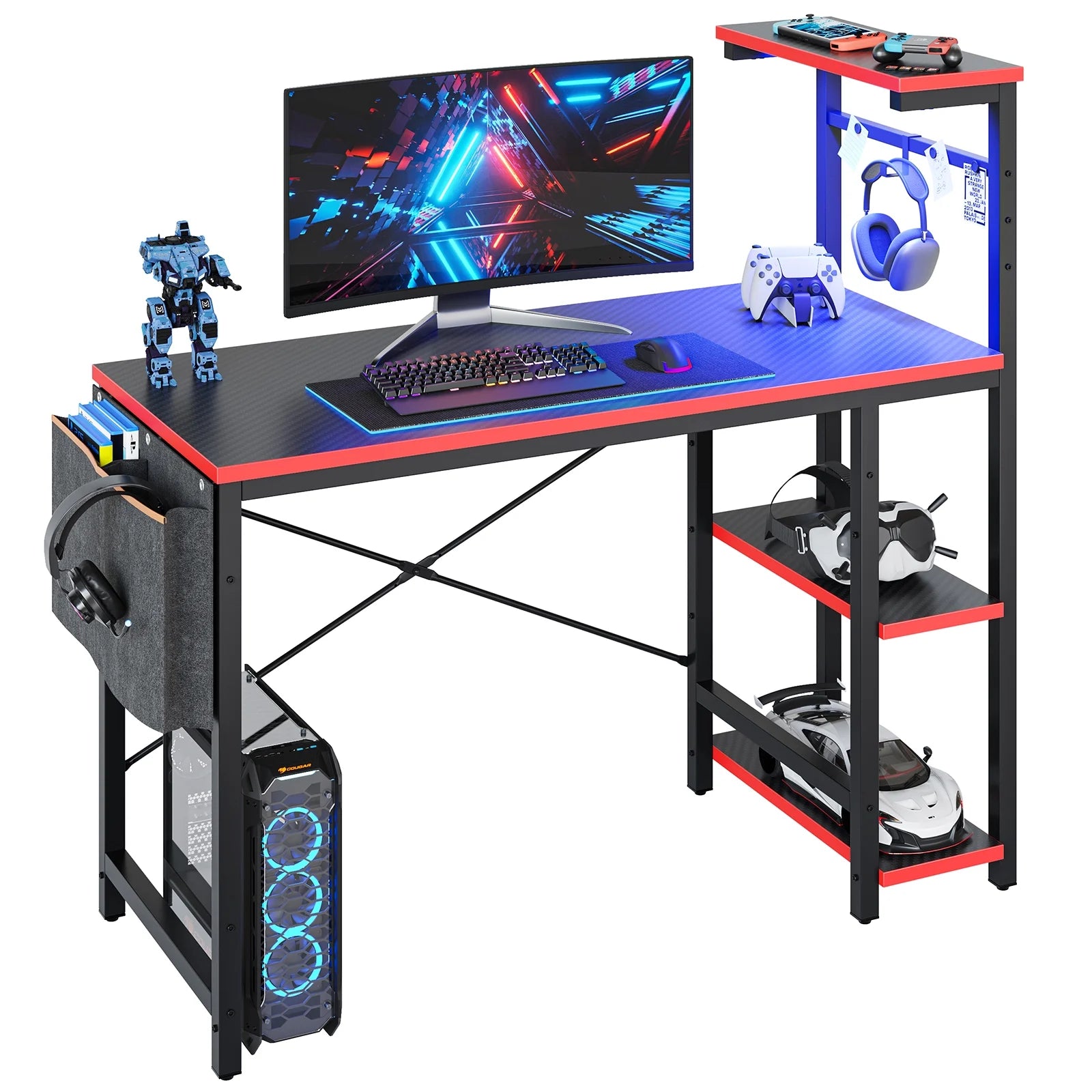 Bestier Computer Gaming PC Desk 44 inch Gamer Table with LED Lights, Reversible 4 Tier Storage Shelves Carbon Fiber