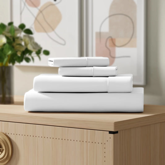 Color Sense 100% Cotton Percale Cool & Crisp 4-Piece Sheet Set Queen White