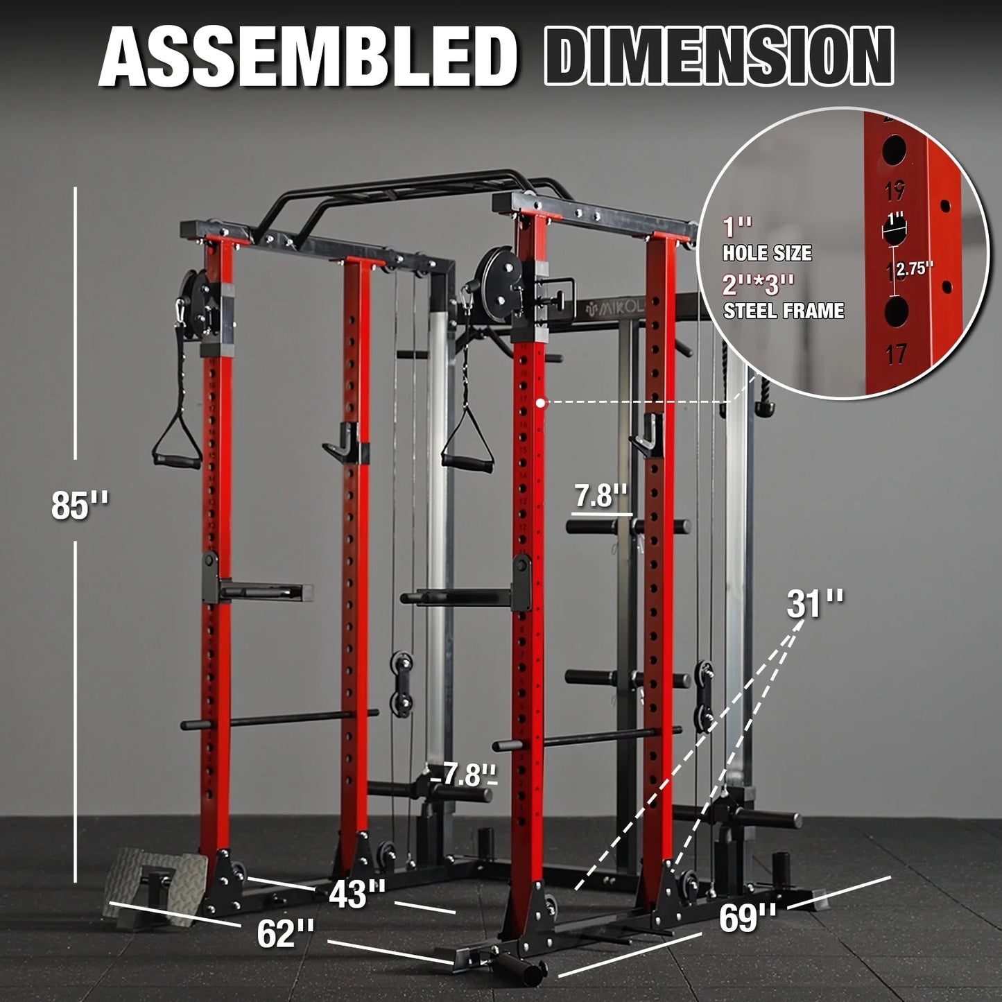 Mikolo Power Rack Cage PC07, 2200 lbs Weight Rack with Cable Crossover Machine,Multi-Function Squat Rack with J Hooks,Dip Bars and Landmine for Home Gym (Red), Plate Loaded