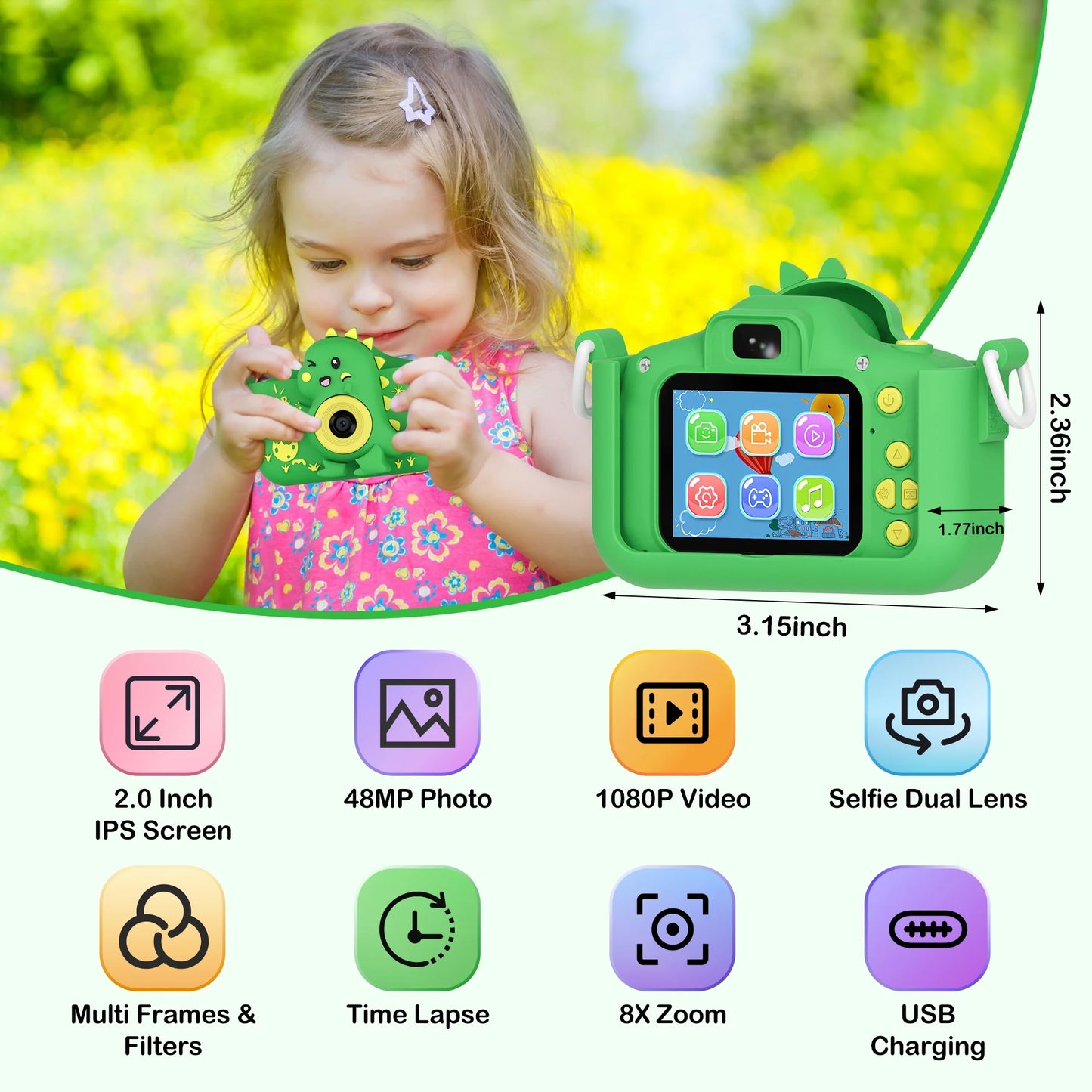 Contixo Kids Digital Camera - 1080p HD, Dual Lens Selfie, Games, Shockproof, 4x Zoom, Ages 3-8 - Green