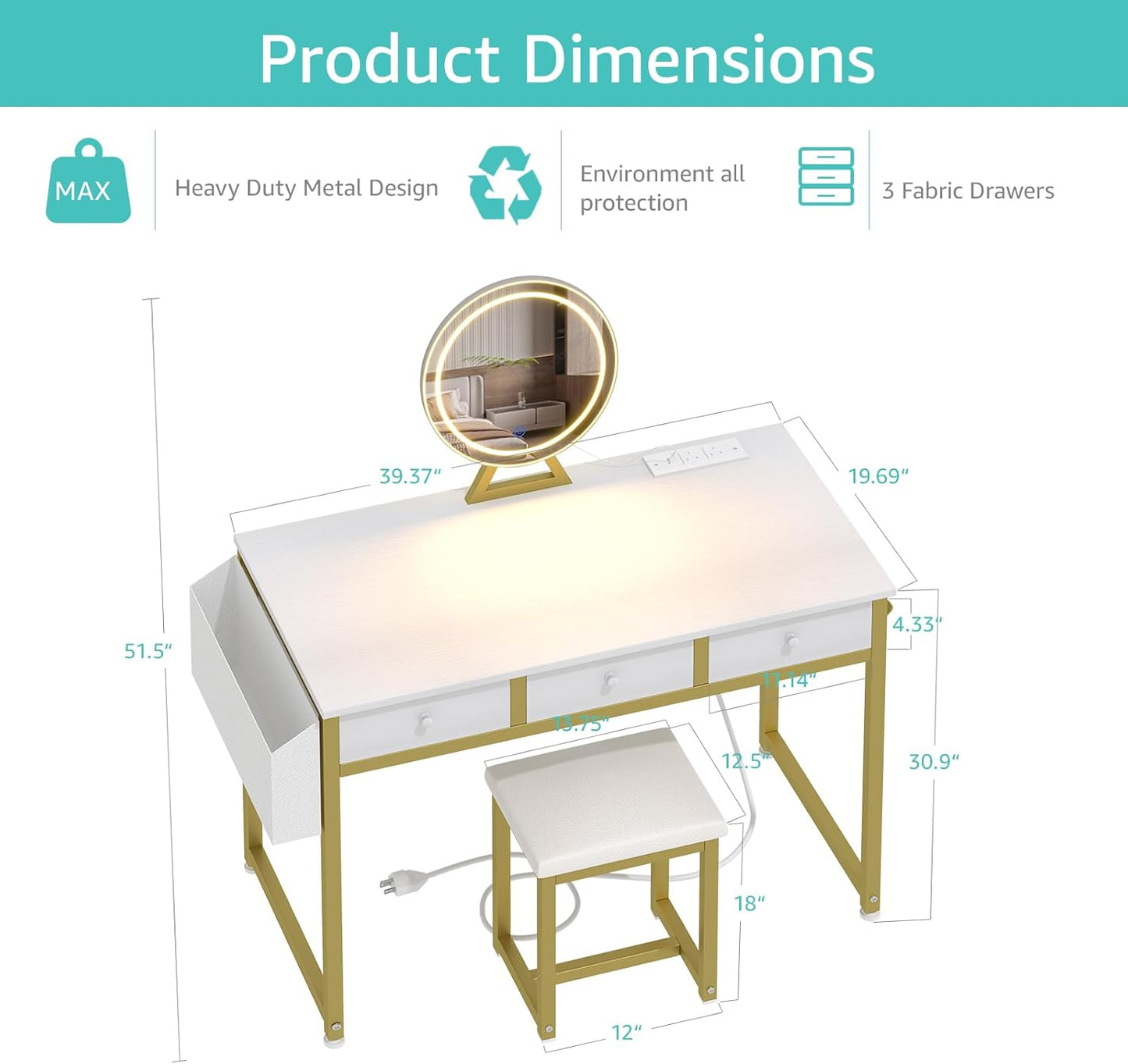 Lufeiya White Makeup Vanity Desk with Mirror and Lights, 40 inch Make Up Vanity Desks with Fabric Drawers & Charging Station, Dressing Table and Chair Set for Bedroom Girls, White Gold